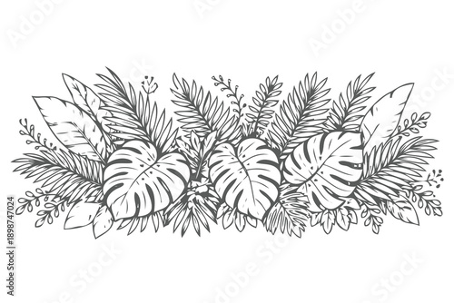 lush tropical leaves and foliage border,hand-drawn style.