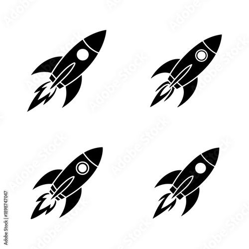 Set of black silhouettes of rocket isolated on transparent background