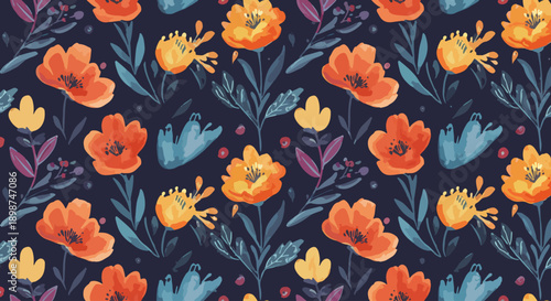 Colorful modern floral doodle pattern with sweet flowers and leafy accents