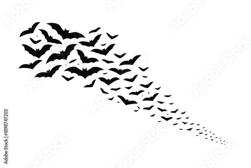 flock of black bats flying in formation,graphic illustration.