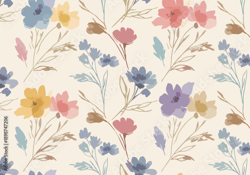Fresh spring floral background with playful blossoms and organic plant shapes