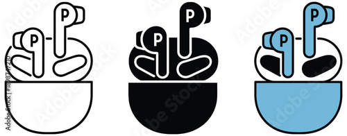 Wireless earbuds vector icon in outline glyph and flat color style, representing music listening, portable audio devices, personal sound systems, and mobile audio applications.