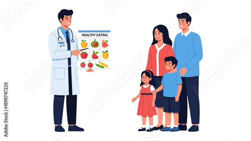 Healthy Lifestyle with the Family: A doctor advises a family about the benefits of eating healthy foods, illustrating the importance of balanced nutrition and the well-being of a healthy lifestyle.
