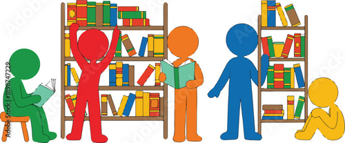 People Reading Books in a Library Digital Vector Illustration