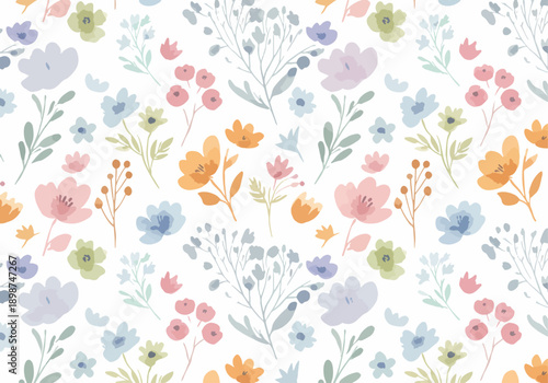 Bright pastel botanical illustration pattern bringing joyful spring garden feelings