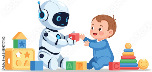 Robot and child playing together with colorful blocks