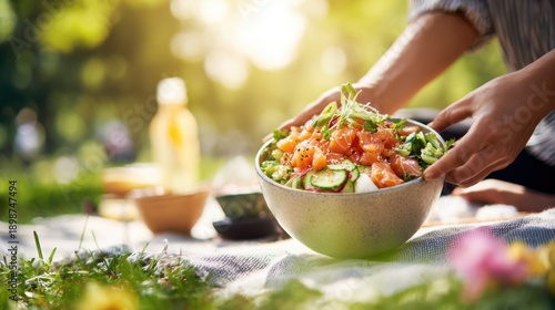 Person holding a large bowl of fresh salad with salmon, cucumbers, and greens, set on a picnic blanket in a sunlit outdoor park environment