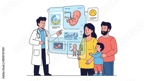 A Doctor's Diagnosis: Medical insights and advanced diagnostics empower a family, as a doctor highlights health details and provides a comprehensive analysis in this representation of a clinic