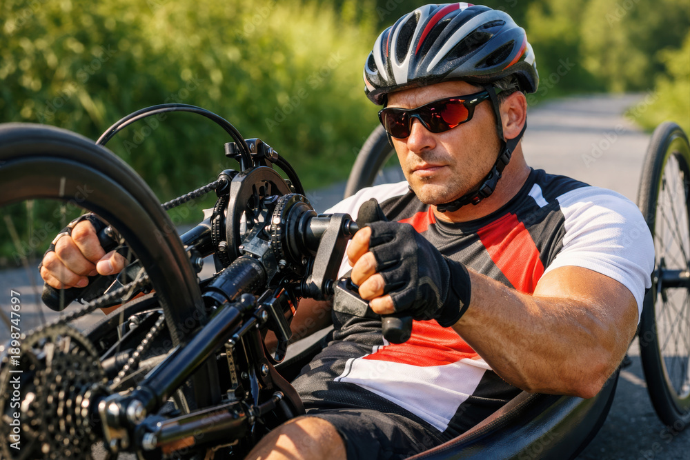 Naklejka premium Athlete on handcycle racing through sunny outdoor path wearing protective gear