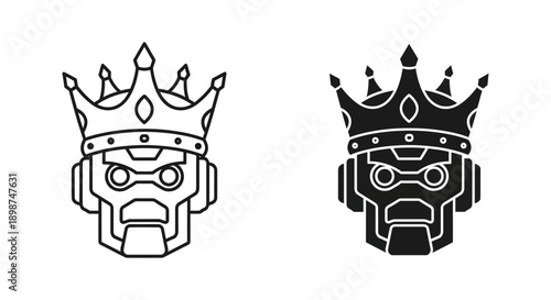 Robot King Crown Icon in Silhouette and Outline Symbolizing Leadership and AI Dominance