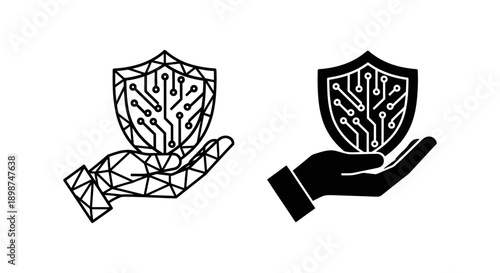 Hand holding a digital shield with circuit board pattern, symbolizing cybersecurity, data protection, online safety, and technology defense
