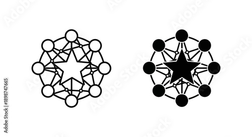Star network connection with connected nodes and central star icon, digital data web network, abstract technology concept