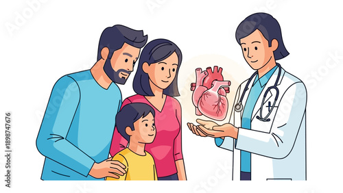 Medical Consultation: A family consults with a medical professional, focusing on a model of the heart. The interaction highlights the importance of healthcare and patient education.