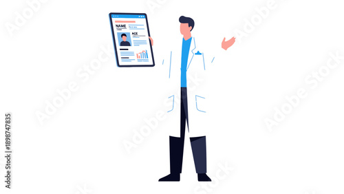 Medical Professional & Digital Chart: A healthcare professional, clad in a crisp lab coat, examines a digital patient chart on a tablet, symbolizing the integration of technology in modern medicine.