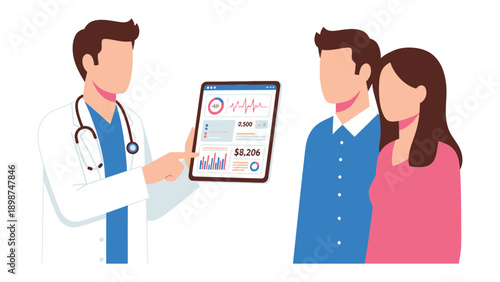 Medical Consultation: A healthcare professional consults with a couple, reviewing medical data on a digital tablet, conveying trust and expertise, providing support for health.