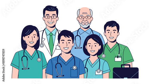 Healthcare Heroes United: A dedicated medical team stands shoulder-to-shoulder, exuding confidence and compassion. Emphasizing the strength of collaboration and care in the healthcare industry.