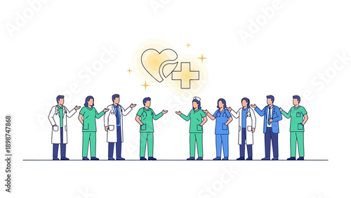 Medical Team Unity: A dedicated medical team stands together, symbolizing care and unity with a symbol of a heart and a cross, ready to serve and provide health assistance