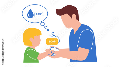 Hygiene Education: A parent and child interact while cleaning hands together, promoting cleanliness and teaching the significance of regular hand washing.