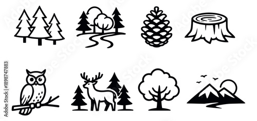 Line art nature elements set featuring forest trees, wild animals, and mountain landscapes for environmental design