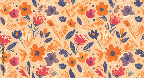 Cute hand drawn floral pattern with colorful blossoms scattered on a light background