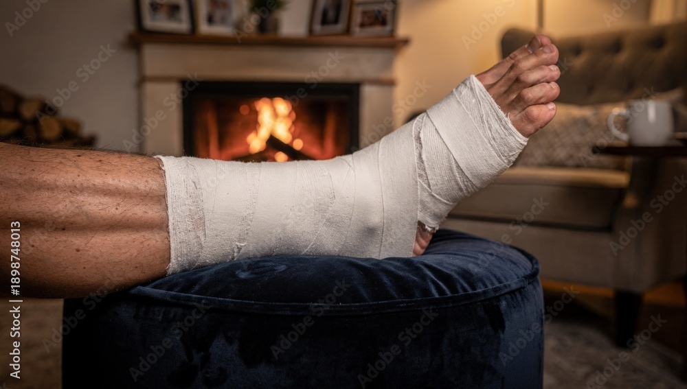 Fototapeta premium Cozy Home Recovery Scene with a Leg Cast Resting Comfortably by a Warm Fireplace Symbolizing Peaceful Healing Self-Care and Resilience During an Ankle Injury Rehabilitation Journey.