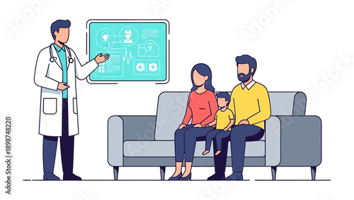 Healthcare Consultation: A doctor explains medical information on a screen to a family, symbolizing trust and care in a modern clinic.
