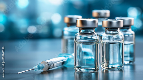Medical glass bottles with vaccine ready for injection, defocused blue background, empty blank label for text space, vaccination concept, medicine research, healthcare protection,