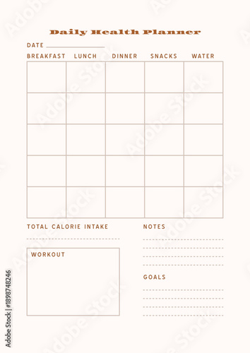 Minimalist abstract monochtome planner. Daily, weekly, monthly planner template. Blank printable vertical notebook page with space for notes and goals