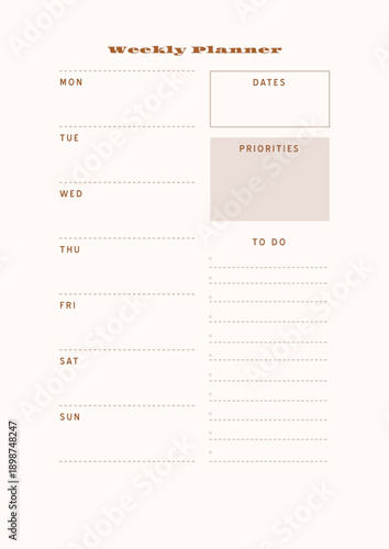 Minimalist abstract monochtome planner. Daily, weekly, monthly planner template. Blank printable vertical notebook page with space for notes and goals