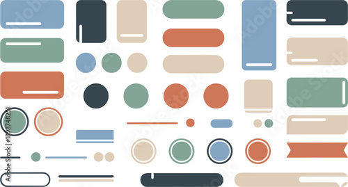 Collection of minimalist web buttons banners and UI labels in muted earth tones for modern website interface and mobile app design.