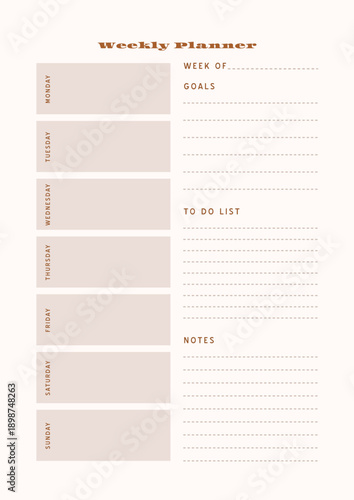 Minimalist abstract monochtome planner. Daily, weekly, monthly planner template. Blank printable vertical notebook page with space for notes and goals