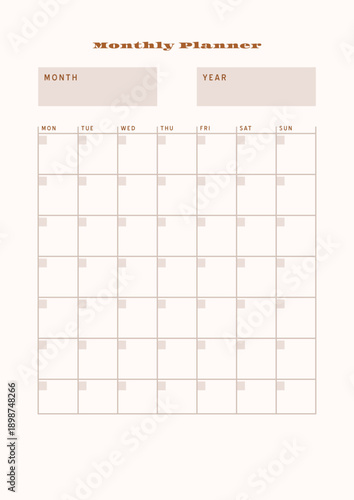 Minimalist abstract monochtome planner. Daily, weekly, monthly planner template. Blank printable vertical notebook page with space for notes and goals