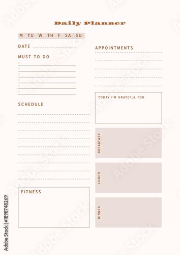 Minimalist abstract monochtome planner. Daily, weekly, monthly planner template. Blank printable vertical notebook page with space for notes and goals