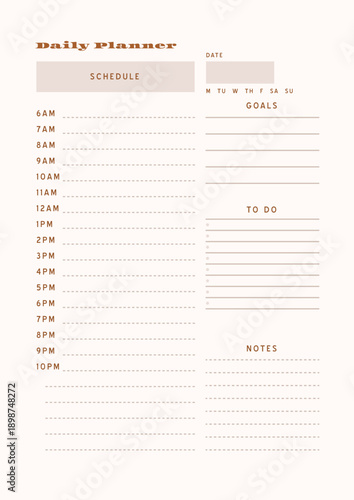 Minimalist abstract monochtome planner. Daily, weekly, monthly planner template. Blank printable vertical notebook page with space for notes and goals