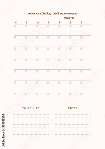Minimalist abstract monochtome planner. Daily, weekly, monthly planner template. Blank printable vertical notebook page with space for notes and goals