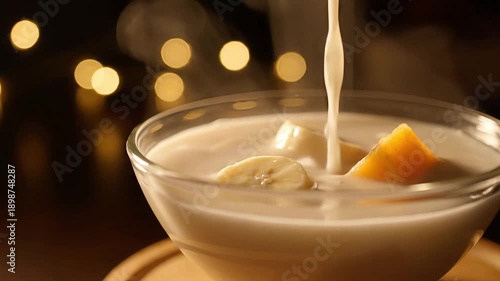 Kolak dessert being poured with steam and warm cinematic copy space
