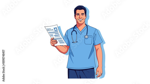 Healthcare Professional with Medical Report: A friendly healthcare professional, stethoscope in place, holds a medical report with a warm, reassuring smile. Demonstrating trust and care.