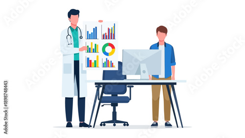 Medical Consultation and Data Analysis: A doctor and patient engage in a data-driven discussion, with the doctor pointing to a chart filled with graphs and insights.