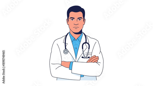 Professional Physician Portrait: A confident and dedicated medical professional is depicted with an attentive gaze and crossed arms, symbolizing expertise and commitment to healthcare.