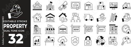 Real Estate and Property Management Dual Tone Icon Set with House, Rental, Investment, Mortgage, Agent, Contract, Buying, Selling and Maintenance Symbols Outline Vector Illustration