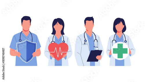 Healthcare Guardians: An illustration captures medical professionals, symbolizing protection, health, and care, with individuals holding icons of a shield, heart, and cross.