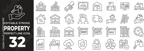 Real Estate and Property Management Line Icon Set with House, Rental, Investment, Mortgage, Agent, Contract, Buying, Selling and Maintenance Symbols Outline Vector Illustration