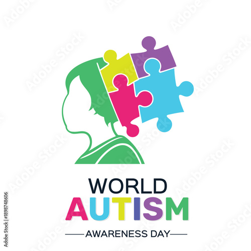 World Autism Awareness Day illustration with Child Silhouette and colorful Puzzle Pieces isolated on white