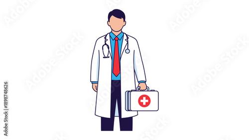 Professional Doctor Prepared: An illustration of a determined doctor, stethoscope in hand, standing with a medical case ready to provide care. Reflecting expertise and commitment.