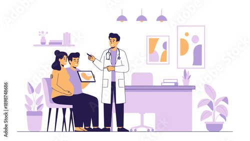 Healthcare Consultation: A doctor points at a tablet showing medical data while consulting with a patient couple, the room exuding a sense of care and professional expertise.