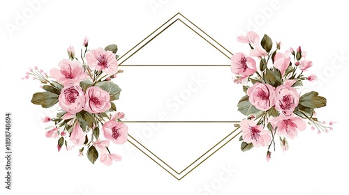 Elegant geometric gold frame decorated with pink rose and peony flower bouquets on a white background.