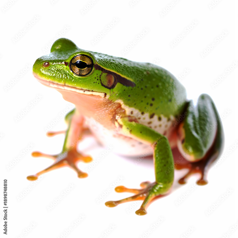 Obraz premium A green frog with a yellow eye sits on a white background