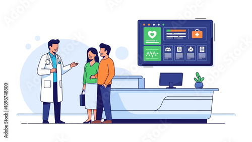 Doctor's Consultation: A healthcare professional consults with a couple, offering expert guidance. The scene unfolds in a modern clinic setting, the couple appears receptive.