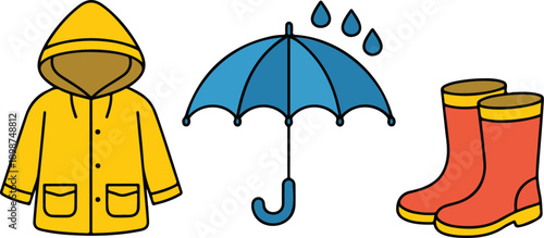 Rainy Day Essentials Yellow Raincoat, Blue Umbrella, Red Rubber Boots Vector Illustration