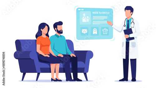 Medical Consultation: A doctor explains information to a couple, highlighting a digital display with medical icons. Illustrating the importance of healthcare and patient communication.